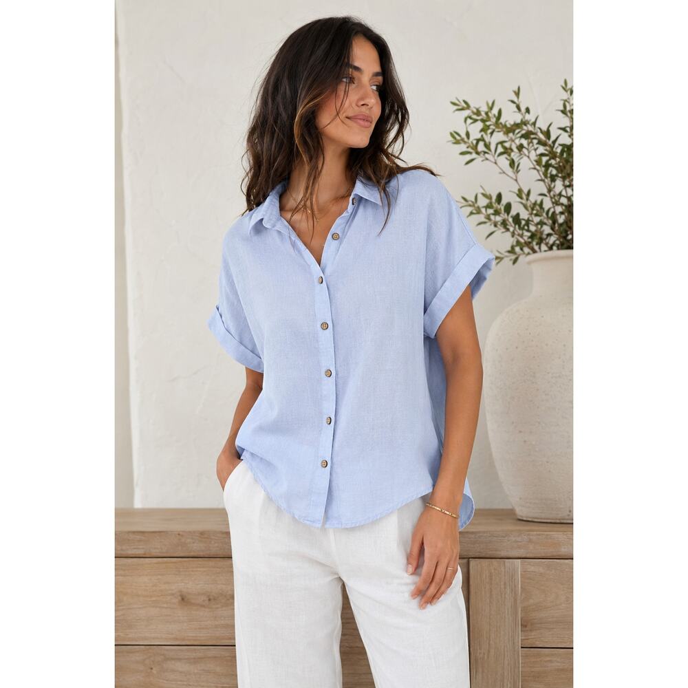 Rachel Rachel Roy 100% Linen Light Blue Button Front Blouse Top Medium